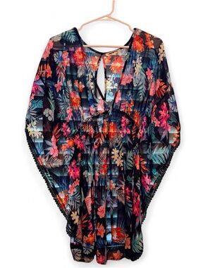 Women’s Floral One-Piece Swimsuit Cover-Up - Black with Multicolor Floral Print